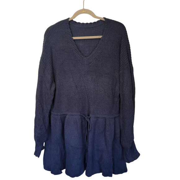 Sweater Tunic 3XL Knit V-Neck Blue Tie Waist Heavy Ruffle Hem Plus Size 100% Acr - Picture 2 of 5